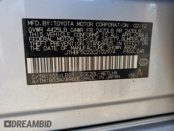 2012 Lexus IS 250 with VIN JTHBF5C22C2102974, listed as a Copart auction lot 41452735 with 200,415 mi miles and Non Repairable. Bid and sale history available at DreamBid. Image 12.