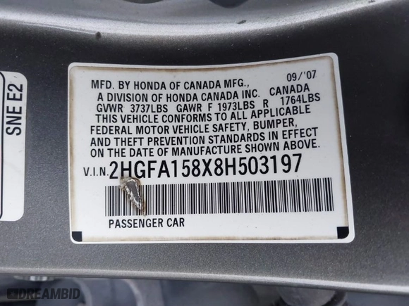 2008 Honda Civic Sdn EX with VIN 2HGFA158X8H503197, listed as a IAAI auction lot 41795568 with 172,090 mi miles. Bid and sale history available at carsss.com. Image 9.
