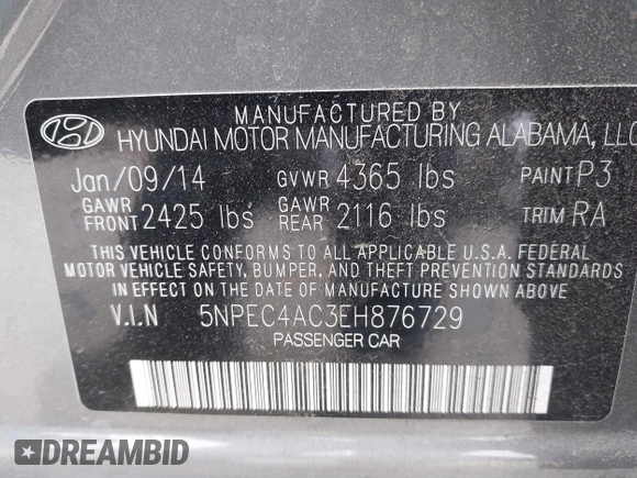 2014 Hyundai Sonata SE with VIN 5NPEC4AC3EH876729, listed as a IAAI auction lot 42040799 with 50,395 mi miles and . Bid and sale history available at DreamBid. Image 9.