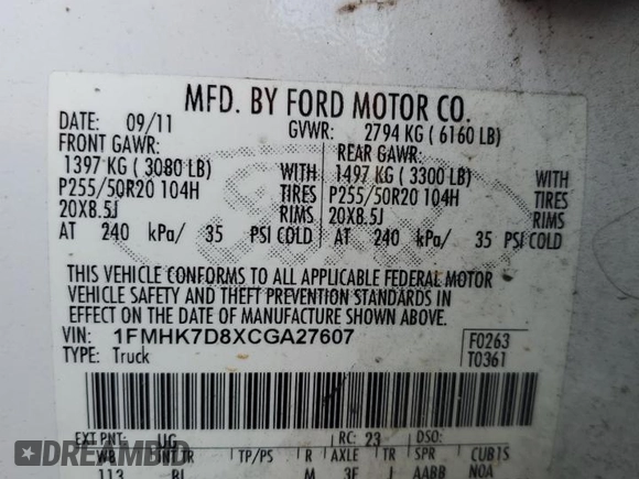 2012 Ford Explorer XLT z VIN 1FMHK7D8XCGA27607, wystawiony jako Copart lot #55792555 z przebiegiem 199 719 mil mil oraz Szkoda całkowita • Salvage title. Historia ofert i sprzedaży dostępna na DreamBid. Obrazek 13.