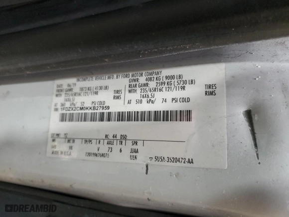 2019 Ford Transit Wagon XL with VIN 1FDZX2CM0KKB27959, listed as a Copart auction lot 45286305 with 137,367 mi miles and Salvage Title. Bid and sale history available at carsss.com. Image 13.