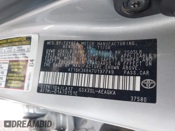 2007 Toyota Avalon XL with VIN 4T1BK36B47U197749, listed as a IAAI auction lot 42076040 with 181,275 mi miles and . Bid and sale history available at DreamBid. Image 9.