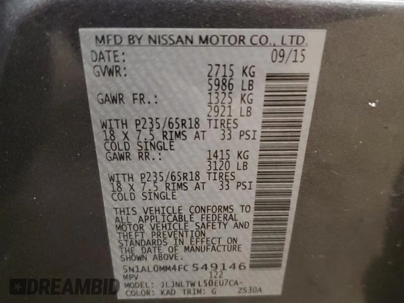 2015 Infiniti QX60 z VIN 5N1AL0MM4FC549146, wystawiony jako Copart lot #54149895 z przebiegiem 136 340 mil mil oraz Szkoda całkowita • Salvage title. Historia ofert i sprzedaży dostępna na DreamBid. Obrazek 13.