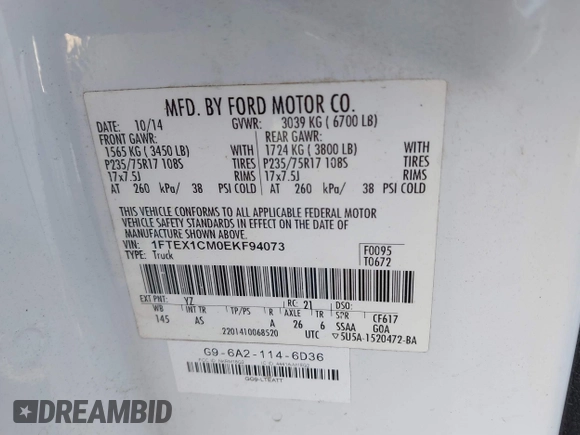 2014 Ford F-150 XL with VIN 1FTEX1CM0EKF94073, listed as a IAAI auction lot 41687225 with 276,152 mi miles. Bid and sale history available at carsss.com. Image 9.