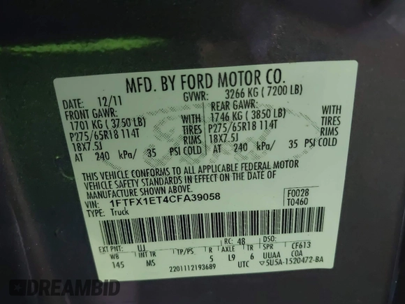 2012 Ford F-150 XL with VIN 1FTFX1ET4CFA39058, listed as a IAAI auction lot 42214755 with 94,979 mi miles and . Bid and sale history available at DreamBid. Image 9.