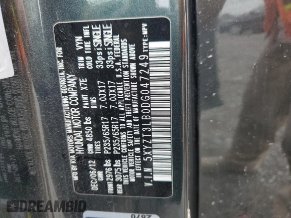 2013 Hyundai Santa Fe Sport z VIN 5XYZT3LB0DG047249, wystawiony jako Copart lot #56334085 z przebiegiem 190 194 mil mil oraz Szkoda całkowita • Salvage title. Historia ofert i sprzedaży dostępna na DreamBid. Obrazek 13.