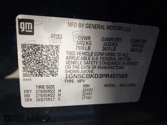 2023 Chevrolet Suburban LS z VIN 1GNSCBKD3PR457569, wystawiony jako IAAI lot #42225571 z przebiegiem 53 410 mil mil oraz . Historia ofert i sprzedaży dostępna na DreamBid. Obrazek 9.