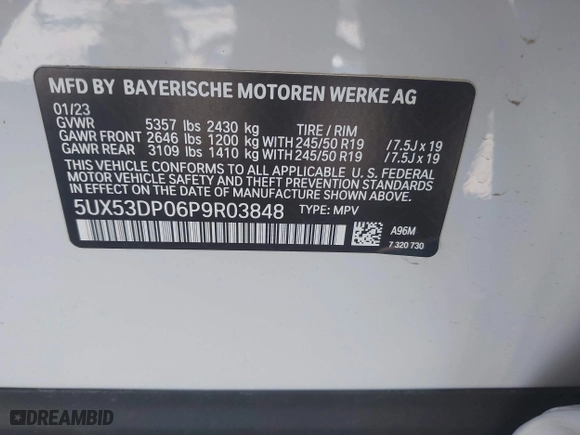 2023 BMW X3 xDrive30i with VIN 5UX53DP06P9R03848, listed as a IAAI auction lot 40777383 with 4,377 mi miles. Bid and sale history available at carsss.com. Image 9.