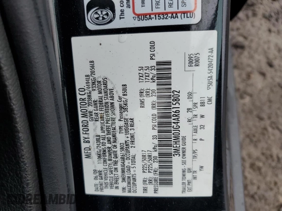 2010 Mercury Milan Premier with VIN 3MEHM0JG4AR615802, listed as a Copart auction lot 73480794 with 183,376 mi miles and Salvage Title. Bid and sale history available at carsss.com. Image 12.