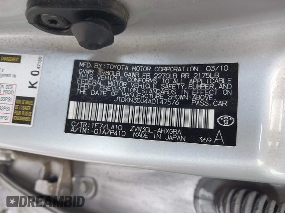 2010 Toyota Prius II with VIN JTDKN3DU4A0147576, listed as a IAAI auction lot 41884045 with 228,018 mi miles. Bid and sale history available at carsss.com. Image 9.