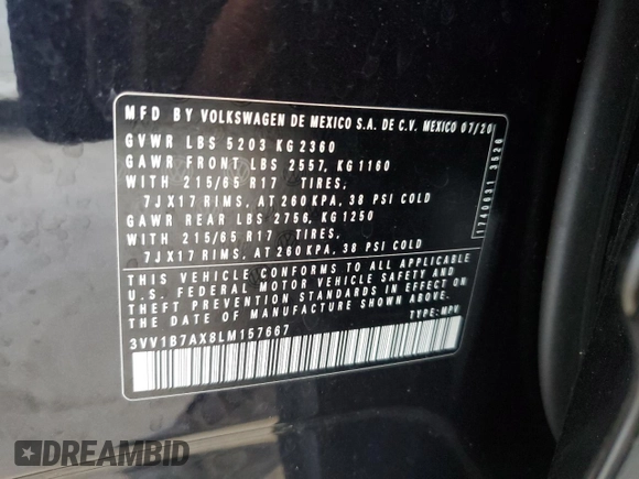 2020 Volkswagen Tiguan S with VIN 3VV1B7AX8LM157667, listed as a Copart auction lot 56722935 with Not provided miles and Non repairable. Bid and sale history available at DreamBid. Image 13.