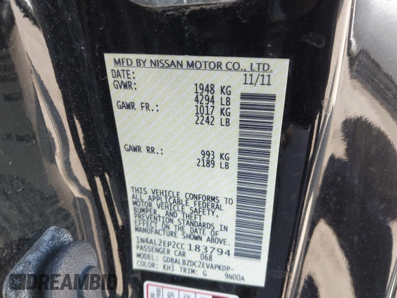 2012 Nissan Altima 2.5 S with VIN 1N4AL2EP2CC183794, listed as a IAAI auction lot 41885357 with 1 mi miles. Bid and sale history available at carsss.com. Image 9.