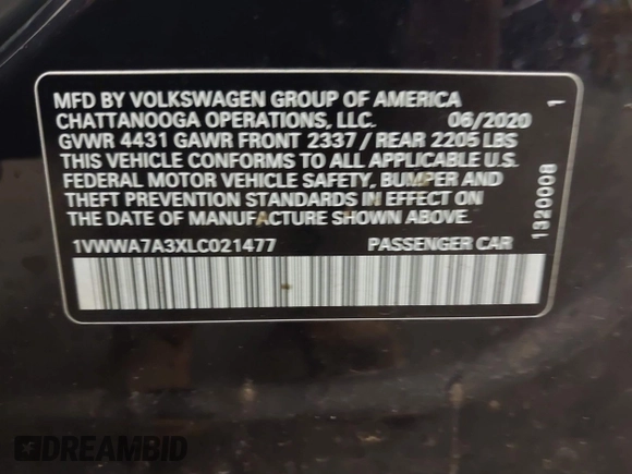 2020 Volkswagen Passat SE with VIN 1VWWA7A3XLC021477, listed as a IAAI auction lot 42473029 with 96,434 mi miles and . Bid and sale history available at DreamBid. Image 9.
