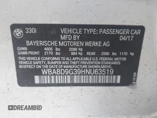 2017 BMW 3 Series 330i xDrive with VIN WBA8D9G39HNU63519, listed as a IAAI auction lot 42330597 with 80,498 mi miles and . Bid and sale history available at DreamBid. Image 9.