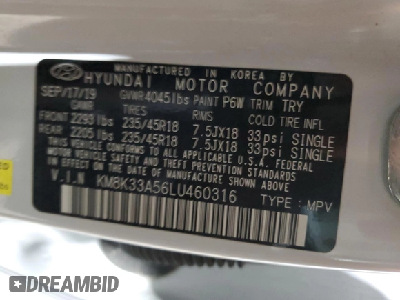 2020 Hyundai Kona Limited with VIN KM8K33A56LU460316, listed as a Copart auction lot 42755795 with 45,281 mi miles and Clean Title. Bid and sale history available at carsss.com. Image 13.