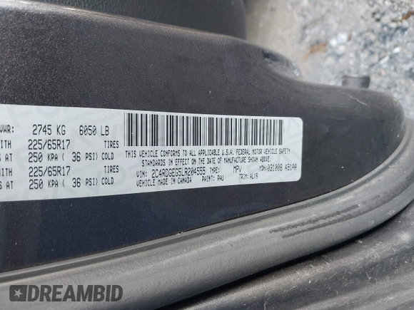 2020 Dodge Grand Caravan GT with VIN 2C4RDGEG5LR204555, listed as a IAAI auction lot 41087394 with 152,009 mi miles and . Bid and sale history available at DreamBid. Image 9.