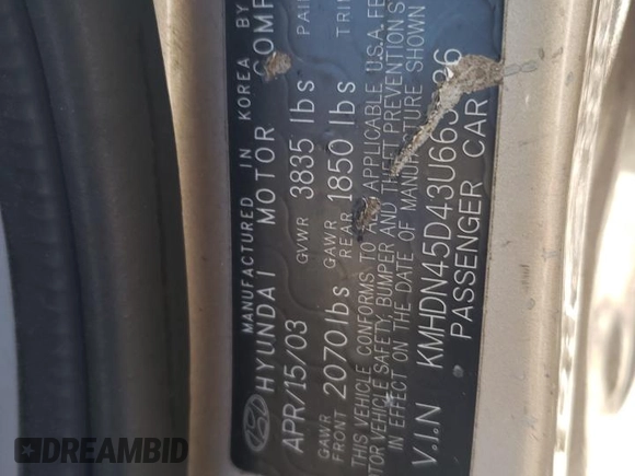 2003 Hyundai Elantra GLS z VIN KMHDN45D43U663926, wystawiony jako Copart lot #50036625 z przebiegiem 152 174 mil mil oraz Szkoda całkowita • Salvage title. Historia ofert i sprzedaży dostępna na DreamBid. Obrazek 12.