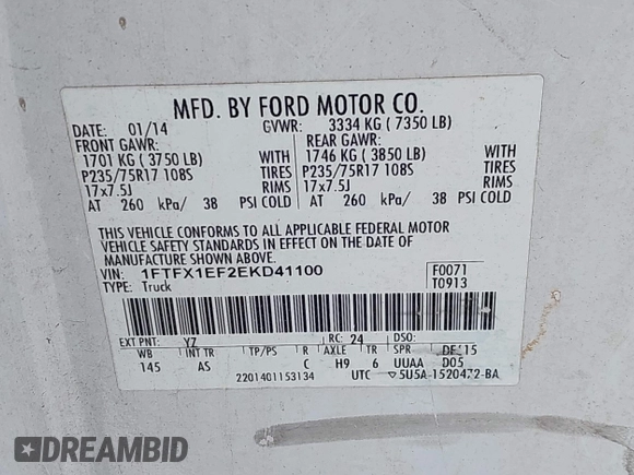 2014 Ford F-150 XL with VIN 1FTFX1EF2EKD41100, listed as a IAAI auction lot 42506812 with 153,255 mi miles and . Bid and sale history available at DreamBid. Image 9.