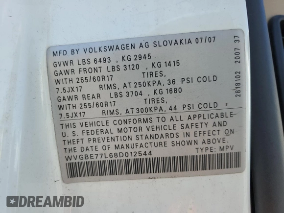 2008 Volkswagen Touareg V6 z VIN WVGBE77L68D012544, wystawiony jako Copart lot #58716985 z przebiegiem 148 637 mil mil oraz Czysty tytuł • Clean title. Historia ofert i sprzedaży dostępna na DreamBid. Obrazek 12.