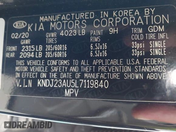 2020 Kia Soul S with VIN KNDJ23AU5L7119840, listed as a IAAI auction lot 42139898 with 63,549 mi miles and . Bid and sale history available at DreamBid. Image 9.