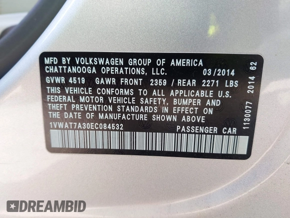 2014 Volkswagen Passat Wolfsburg Edition with VIN 1VWAT7A30EC084532, listed as a IAAI auction lot 42301251 with 81,963 mi miles and . Bid and sale history available at DreamBid. Image 9.