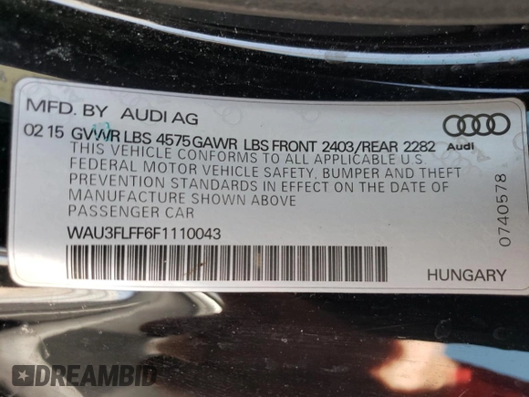 2015 Audi A3 2.0T Premium Plus with VIN WAU3FLFF6F1110043, listed as a Copart auction lot 52631475 with 80,467 mi miles and Salvage Title. Bid and sale history available at carsss.com. Image 12.