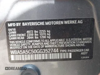 2016 BMW 5 Series 528i z VIN WBA5A5C50GG352744, wystawiony jako IAAI lot #41935590 z przebiegiem 126 531 mil mil oraz . Historia ofert i sprzedaży dostępna na DreamBid. Obrazek 9.