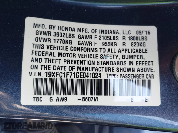 2016 Honda Civic Sedan EX-L with VIN 19XFC1F71GE041024, listed as a IAAI auction lot 41943073 with 59,833 mi miles. Bid and sale history available at carsss.com. Image 9.