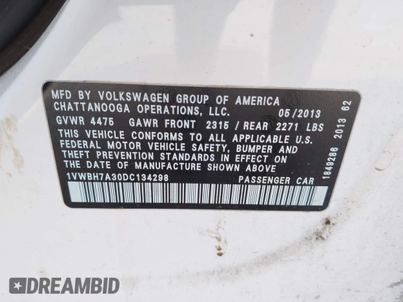 2013 Volkswagen Passat SE with VIN 1VWBH7A30DC134298, listed as a IAAI auction lot 42592442 with 248,768 mi miles and . Bid and sale history available at DreamBid. Image 9.