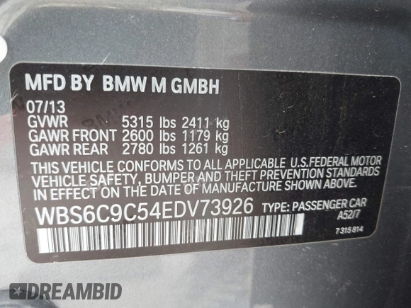 2014 BMW M6 with VIN WBS6C9C54EDV73926, listed as a IAAI auction lot 42421586 with 82,216 mi miles and . Bid and sale history available at DreamBid. Image 9.