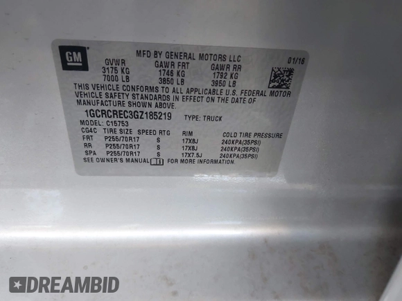 2016 Chevrolet Silverado 1500 LT with VIN 1GCRCREC3GZ185219, listed as a IAAI auction lot 41970474 with 124,101 mi miles and . Bid and sale history available at DreamBid. Image 9.