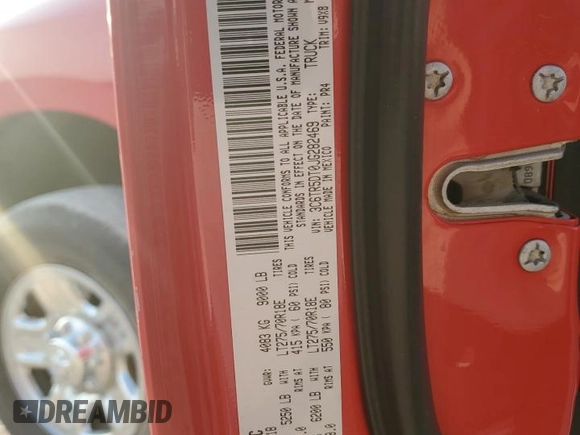 2018 Ram 2500 SLT with VIN 3C6TR5DT0JG282469, listed as a Copart auction lot 61615245 with 122,916 mi miles and Clean title. Bid and sale history available at DreamBid. Image 12.