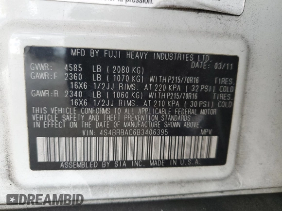 2011 Subaru Outback 2.5i with VIN 4S4BRBAC6B3406395, listed as a Copart auction lot 62387735 with 170,167 mi miles and Salvage title. Bid and sale history available at DreamBid. Image 13.