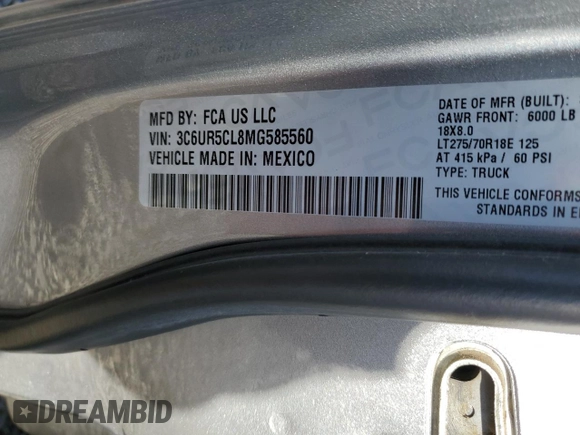 2021 Ram 2500 Tradesman with VIN 3C6UR5CL8MG585560, listed as a Copart auction lot 88723775 with 95,492 mi miles and Salvage Title. Bid and sale history available at carsss.com. Image 12.