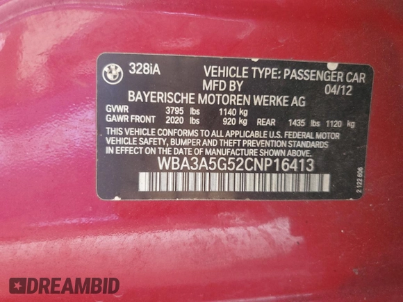 2012 BMW 3 Series 328i with VIN WBA3A5G52CNP16413, listed as a Copart auction lot 52160935 with 130,336 mi miles and Clean Title. Bid and sale history available at carsss.com. Image 12.