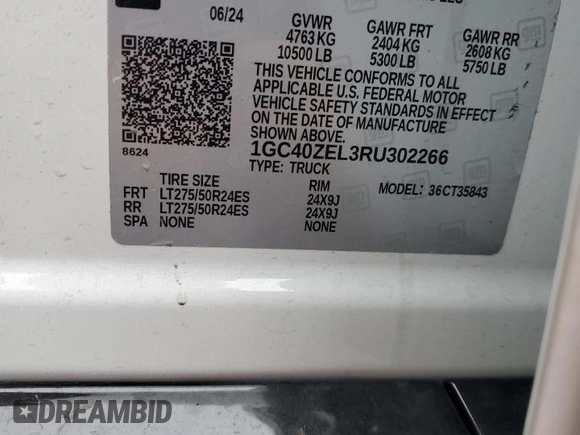2024 CHEVROLET RST with VIN 1GC40ZEL3RU302266, listed as a Copart auction lot 85578714 with Not Provided miles and Salvage Title. Bid and sale history available at DreamBid. Image 12.