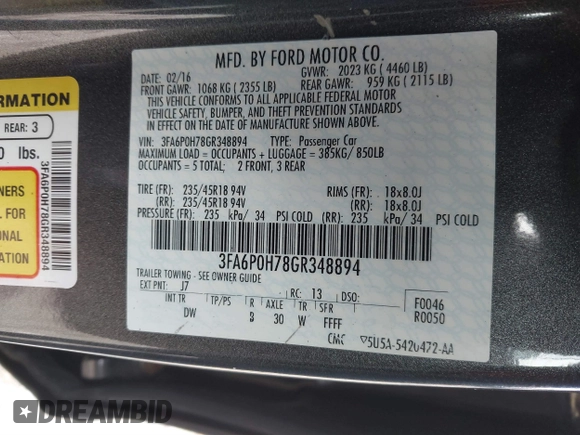 2016 Ford Fusion SE with VIN 3FA6P0H78GR348894, listed as a IAAI auction lot 41718222 with 98,701 mi miles and . Bid and sale history available at DreamBid. Image 9.