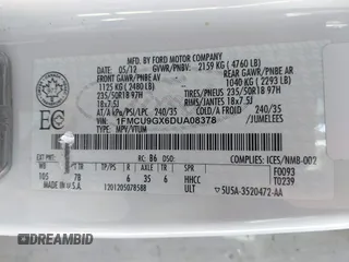2013 Ford Escape SE с VIN 1FMCU9GX6DUA08378, выставлен на аукционе IAAI как лот 41785964 с пробегом Не указан миль и . История ставок и продаж доступна на DreamBid. Изображение 9.
