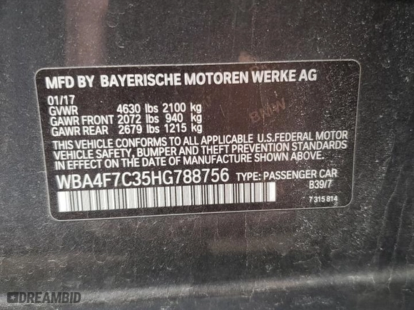 2017 BMW 4 Series 430i with VIN WBA4F7C35HG788756, listed as a Copart auction lot 50102165 with 74,756 mi miles and Salvage Title. Bid and sale history available at carsss.com. Image 12.