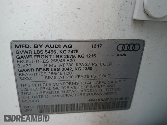 2018 Audi Q5 Premium Plus with VIN WA1BNAFY5J2106151, listed as a Copart auction lot 56980425 with 99,039 mi miles and Salvage title. Bid and sale history available at DreamBid. Image 13.