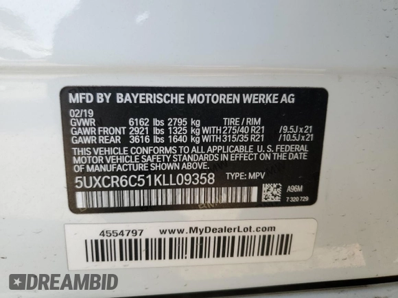 2019 BMW X5 xDrive40i with VIN 5UXCR6C51KLL09358, listed as a Copart auction lot 48351585 with 98,380 mi miles and Salvage Title. Bid and sale history available at carsss.com. Image 14.