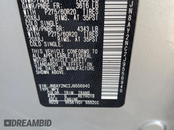 2018 Nissan Armada SL z VIN JN8AY2NC2J9556940, wystawiony jako Copart lot #85341904 z przebiegiem 133 725 mil mil oraz Szkoda całkowita • Salvage title. Historia ofert i sprzedaży dostępna na DreamBid. Obrazek 15.