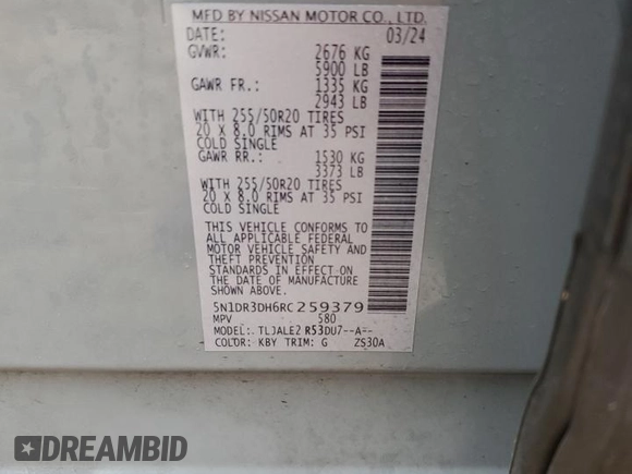 2024 Nissan Pathfinder Platinum z VIN 5N1DR3DH6RC259379, wystawiony jako Copart lot #43399045 z przebiegiem 19 750 mil mil oraz Szkoda całkowita • Salvage title. Historia ofert i sprzedaży dostępna na DreamBid. Obrazek 13.