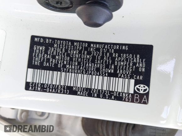 2018 Toyota Corolla L с VIN 5YFBURHE6JP804554, выставлен на аукционе IAAI как лот 42296484 с пробегом 84 026 миль миль и . История ставок и продаж доступна на DreamBid. Изображение 9.