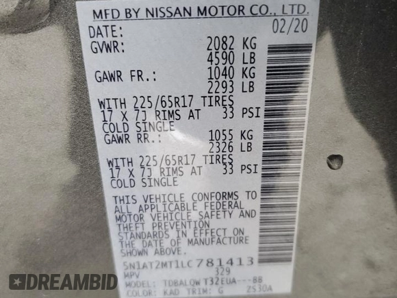 2020 Nissan Rogue SL with VIN 5N1AT2MT1LC781413, listed as a Copart auction lot 51497095 with 25,033 mi miles and Salvage Title. Bid and sale history available at DreamBid. Image 13.