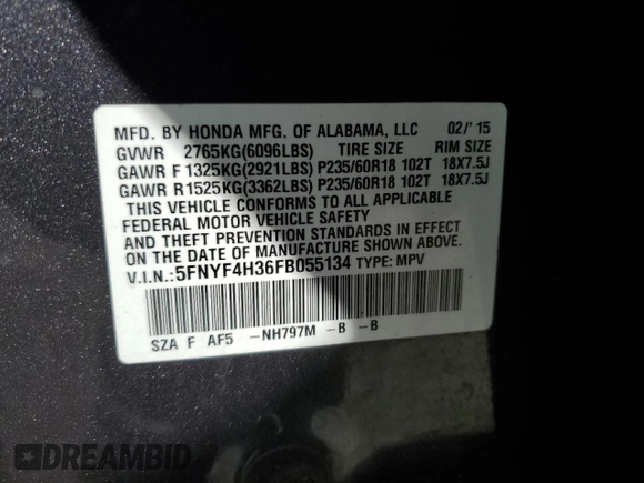 2015 Honda Pilot SE with VIN 5FNYF4H36FB055134, listed as a Copart auction lot 52310075 with 171,753 mi miles and Salvage Title. Bid and sale history available at DreamBid. Image 15.