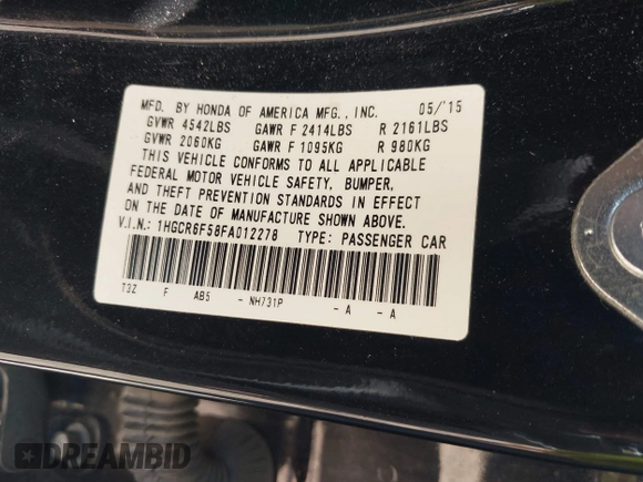 2015 Honda Accord EX-L с VIN 1HGCR6F58FA012278, выставлен на аукционе IAAI как лот 42185004 с пробегом 128 641 миль миль и . История ставок и продаж доступна на DreamBid. Изображение 9.