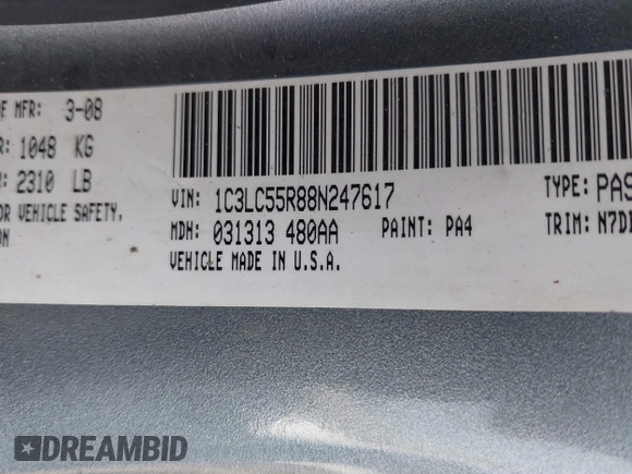 2008 Chrysler Sebring Touring with VIN 1C3LC55R88N247617, listed as a IAAI auction lot 41769272 with 144,380 mi miles and . Bid and sale history available at DreamBid. Image 9.