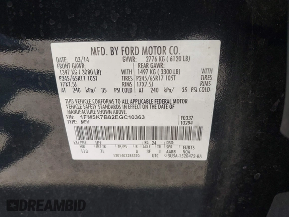 2014 Ford Explorer z VIN 1FM5K7B82EGC10363, wystawiony jako IAAI lot #42281019 z przebiegiem 168 878 mil mil oraz . Historia ofert i sprzedaży dostępna na DreamBid. Obrazek 9.