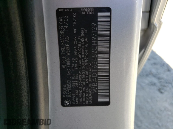 2002 BMW 5 Series 530iA with VIN WBADT63452CH97129, listed as a Copart auction lot 73349124 with 64,431 mi miles and Salvage Title. Bid and sale history available at carsss.com. Image 12.